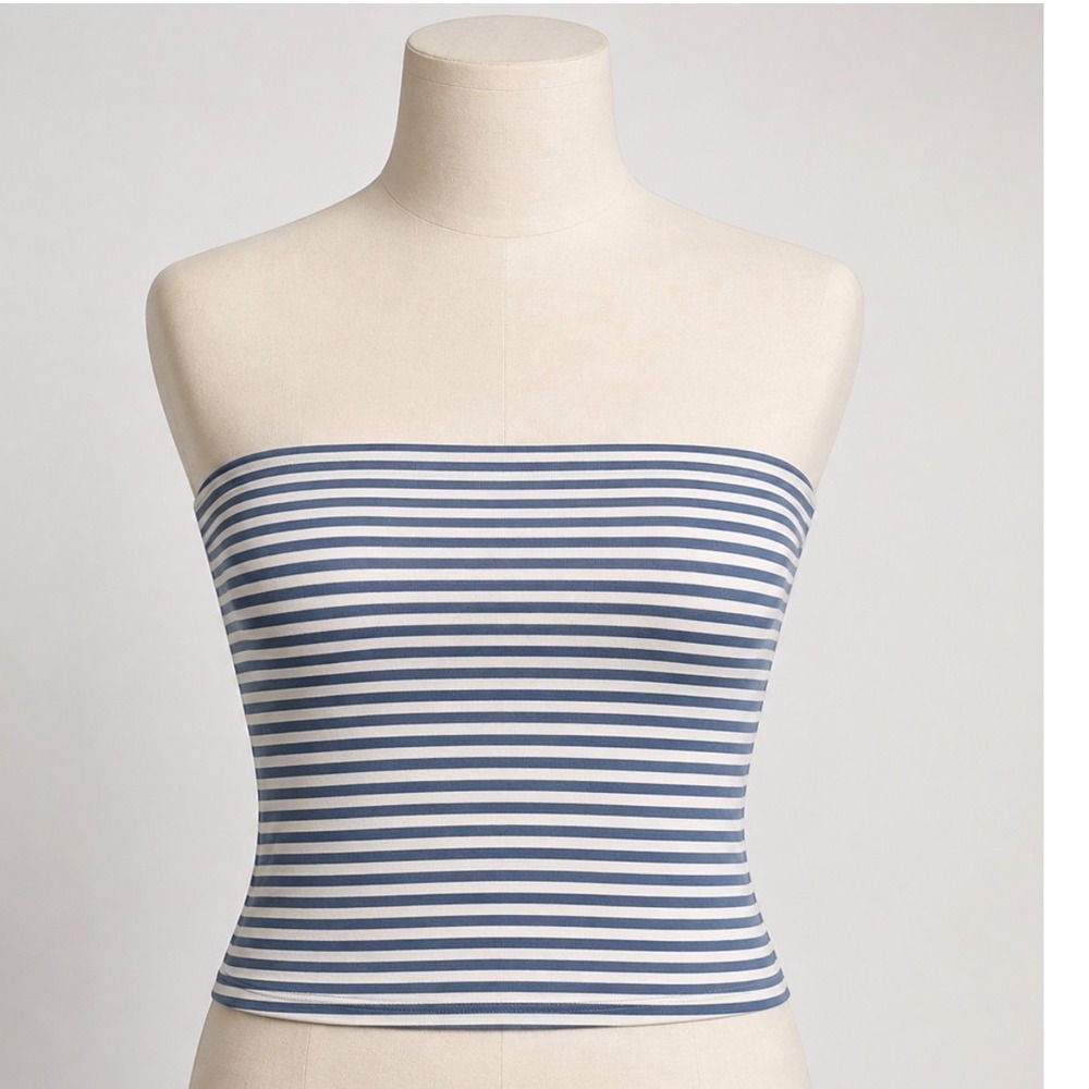 Edikted Tube Top Women M Blue White Good Striped Ribbed Cropped Strapless